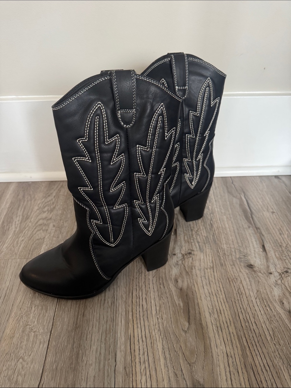 MIA Black Western Heeled Mid-Calf Boots with Contrast Stitching